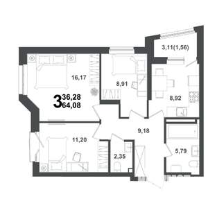 3-к квартира, вторичка, 64м2, 9/21 этаж