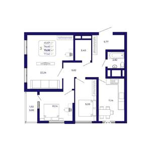3-к квартира, вторичка, 76м2, 4/25 этаж