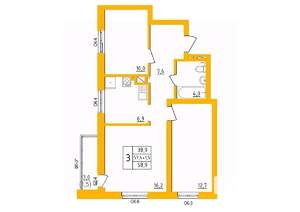 3-к квартира, строящийся дом, 59м2, 7/27 этаж