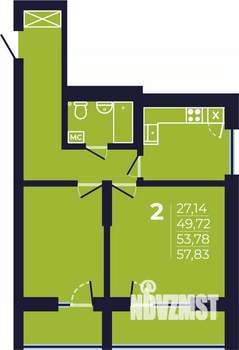 2-к квартира, строящийся дом, 54м2, 17/25 этаж