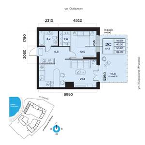 2-к квартира, вторичка, 50м2, 2/32 этаж