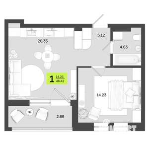 1-к квартира, вторичка, 46м2, 2/14 этаж
