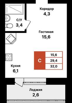 1-к квартира, вторичка, 32м2, 6/8 этаж