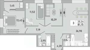 3-к квартира, вторичка, 81м2, 24/24 этаж