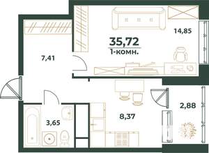 1-к квартира, строящийся дом, 36м2, 3/24 этаж