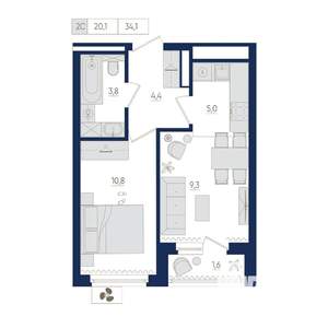 2-к квартира, вторичка, 34м2, 5/22 этаж