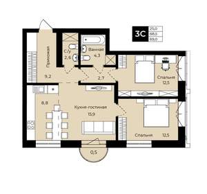 2-к квартира, вторичка, 69м2, 16/25 этаж