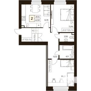 2-к квартира, строящийся дом, 62м2, 1/10 этаж