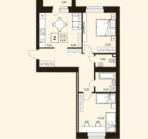 2-к квартира, вторичка, 63м2, 10/10 этаж