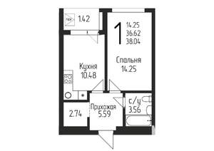 1-к квартира, строящийся дом, 38м2, 10/24 этаж
