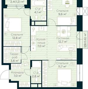 3-к квартира, строящийся дом, 73м2, 8/15 этаж