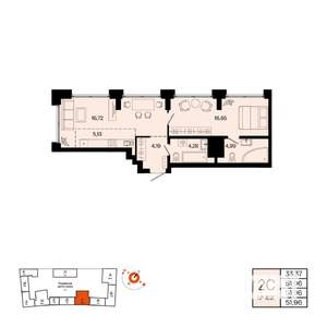 2-к квартира, вторичка, 52м2, 28/31 этаж