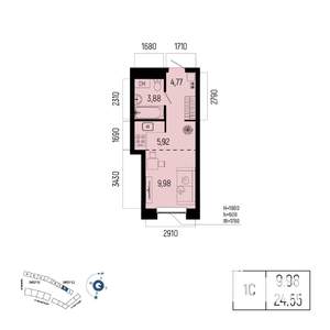 1-к квартира, вторичка, 25м2, 5/25 этаж