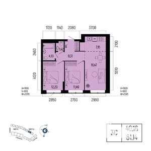3-к квартира, вторичка, 61м2, 4/25 этаж