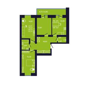 3-к квартира, вторичка, 82м2, 9/12 этаж