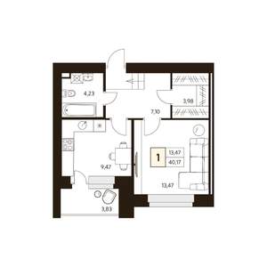 1-к квартира, строящийся дом, 43м2, 1/10 этаж