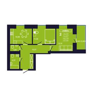 2-к квартира, вторичка, 58м2, 2/12 этаж