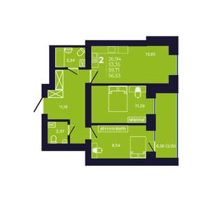 2-к квартира, строящийся дом, 57м2, 11/12 этаж