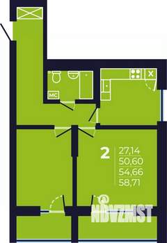 2-к квартира, строящийся дом, 55м2, 3/25 этаж