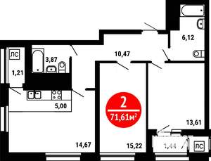 2-к квартира, вторичка, 72м2, 12/25 этаж