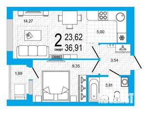 2-к квартира, строящийся дом, 37м2, 12/25 этаж