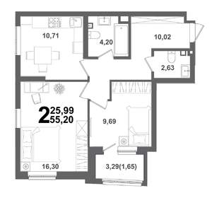 2-к квартира, вторичка, 55м2, 2/21 этаж