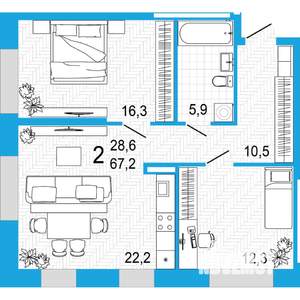 2-к квартира, вторичка, 67м2, 4/5 этаж