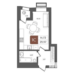 1-к квартира, вторичка, 30м2, 7/21 этаж