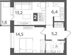 2-к квартира, строящийся дом, 45м2, 12/20 этаж