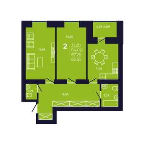 2-к квартира, строящийся дом, 66м2, 4/12 этаж