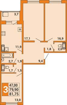 3-к квартира, строящийся дом, 81м2, 3/16 этаж