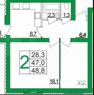 2-к квартира, вторичка, 48м2, 6/9 этаж