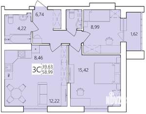 3-к квартира, строящийся дом, 59м2, 23/25 этаж