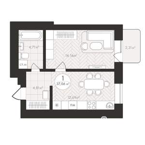 1-к квартира, строящийся дом, 37м2, 6/24 этаж