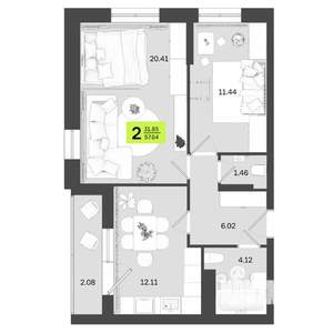 2-к квартира, сданный дом, 58м2, 4/14 этаж