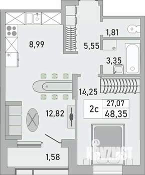 2-к квартира, строящийся дом, 48м2, 8/24 этаж