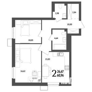 2-к квартира, вторичка, 61м2, 23/25 этаж