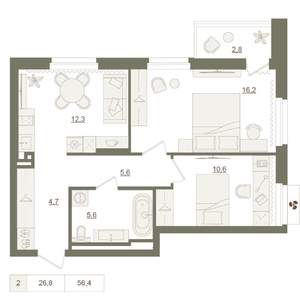2-к квартира, вторичка, 56м2, 4/25 этаж