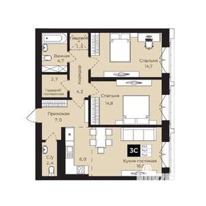 2-к квартира, вторичка, 74м2, 7/25 этаж