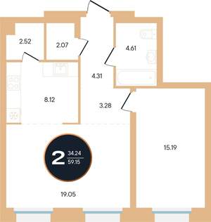 2-к квартира, вторичка, 59м2, 2/14 этаж