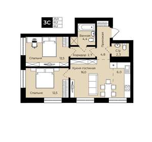 2-к квартира, вторичка, 61м2, 15/25 этаж