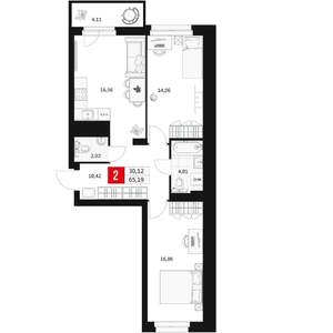 2-к квартира, строящийся дом, 65м2, 3/15 этаж