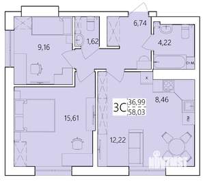 3-к квартира, строящийся дом, 58м2, 1/25 этаж
