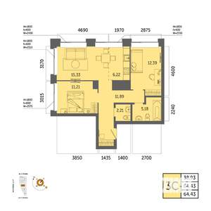 3-к квартира, вторичка, 64м2, 29/32 этаж