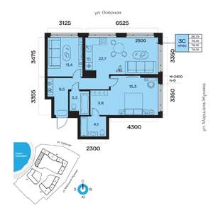 3-к квартира, вторичка, 70м2, 22/32 этаж