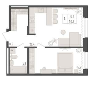 1-к квартира, вторичка, 51м2, 15/18 этаж