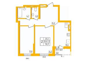 2-к квартира, строящийся дом, 57м2, 26/27 этаж