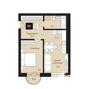 1-к квартира, вторичка, 45м2, 14/25 этаж