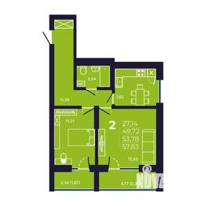 2-к квартира, вторичка, 54м2, 13/25 этаж