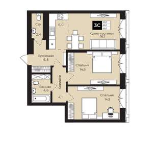 2-к квартира, вторичка, 70м2, 16/25 этаж